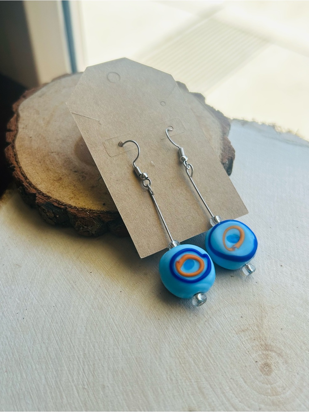 Blue Swirl Glass Bead Drop Earrings - Picture 2 of 6